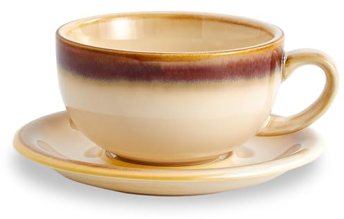 Coffeezone Tasse à latte art vintage en céramique avec soucoupe Marron clair 355 ml