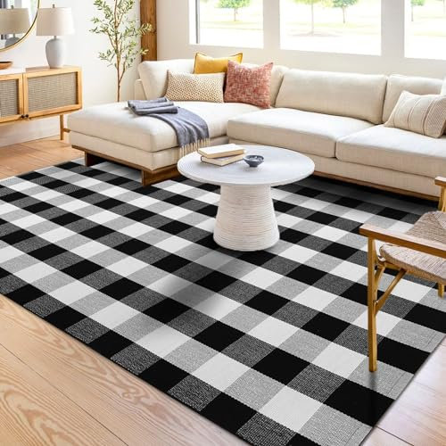 KOZYFLY Buffalo Plaid Area Rug 5 x 8 Ft Black and White Checkered Rug Washable Outdoor Patio Rugs Cotton Rugs for Living Room Carpet for Dining Room Bedroom Farmhouse Rug