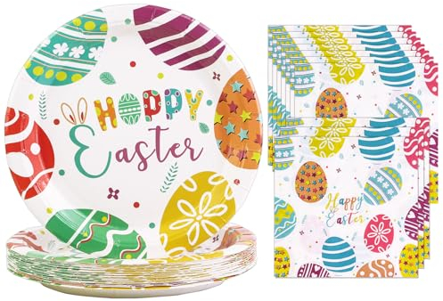 40 Pack Easter Disposable Plate Party Set, Easter Egg Disposable Paper Dinner Plates and Napkins for Spring Easter Party Supplies Serves 20 Guests (Easter Egg)