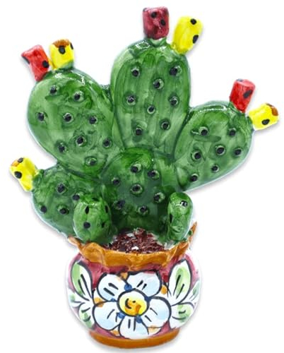 Vaso cachepot con pianta pala di ficodindia in ceramica Caltagirone - h 14