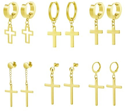 Hinvan Pack of 6 Pairs Stainless Steel Gold Cross Earrings for Women Men Earrings Hoop, Gold Stud Earrings for Men Women Dangle Earrings Piercing