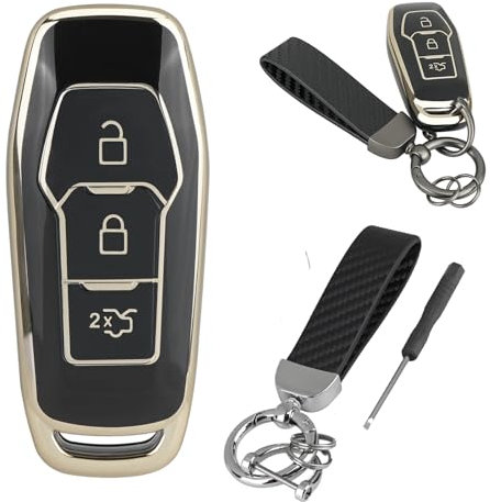 Vailikey Coque de clé de Voiture en Silicone TPU pour Ford Edge Mondeo S-Max Galaxy Mustang, Coque de clé Ford avec Porte-clés en Fibre de Carbone (Noir)