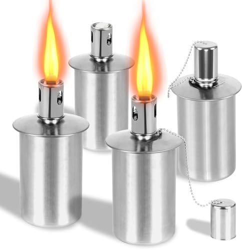 Bote de antorcha de mesa de acero inoxidable con mecha y apagador, antorcha de combustible al aire libre para patio Arden (4 paquetes)