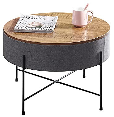Pantanal Round Grey Coffee Table with Storage Drawer, Modern Wood Top End Table Sofa Side Table Tea Table with Black Metal Legs for Home Office Waiting Reception Furniture