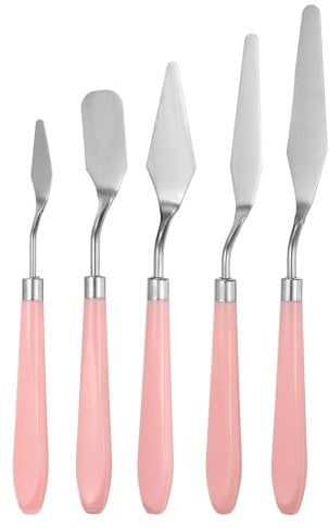 sourcing map 5pcs Painting Palette Knife Set Stainless Steel Pointy Flat Art Spatula Painting Pallet Knives Scrapers Tools with Plastic Handle for Acrylic Oil Canvas Mixing Spreading, Pink