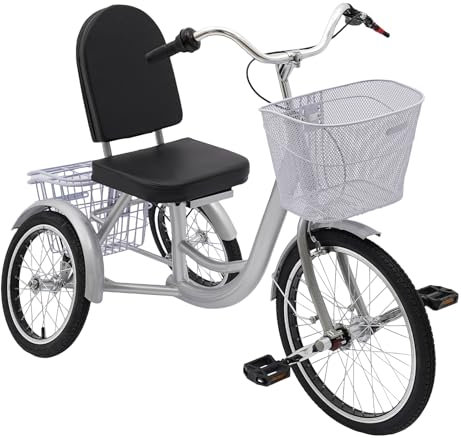Dreirad für Erwachsene, 20 Zoll Dreirad für Ältere, 3-Rad-Fahrräder mit Körben für Senioren - Dreirad aus robustem Hartstahl - Geeignet als Gehhilfe (Silber)