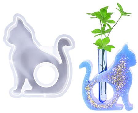 Finyoffiy Cat Resin Molds for Vase Plant Propagation Station,Epoxy Silicone Molds with 1 Test Tubes for Hydroponic, Flower Holder (A)