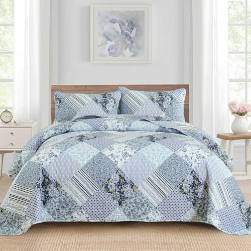 WONGS BEDDING Tagesdecke 220x240 Lavendel Patchwork Bettüberwurf Gesteppt Bedspreads Blumen Muster Steppdecke Mikrofaser kariertem Tagesdecke mit 2 Kissenbezug 48x75