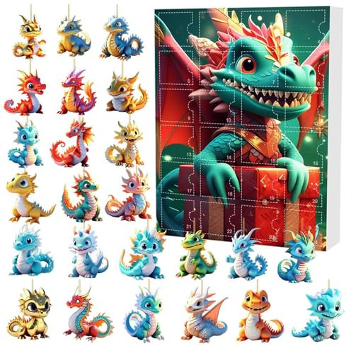 Dinosaurier Adventskalender 2024 - Drachen Weihnachten Adventskalender | Weihnachten Countdown Kalender mit 24 Dino Anhänger | 2D Dinosaurier Ornamente Weihnachten Sammlerstück Set für Sammlerstücke