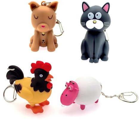 JZK 4 x Hahn Schaf Katze Hund Schlüsselanhänger LED Schlüsselanhänger Set Bauernhof Tier Spielzeug mit LED-Lichtern und Sound Thema Geburtstag Party Favors Gadget Kinder Party Tütenfüller Giveaways