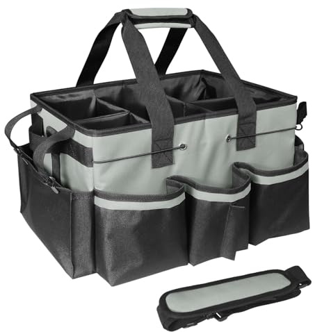 BOHEMIABY Cleaning Caddy Bag, Large Cleaning Bags for Domestic Cleaners with Handles & Shoulder Strap, Cleaning Bag with Foldable Divider for Cleaners, Car Horse Cleaning Case (Grey)