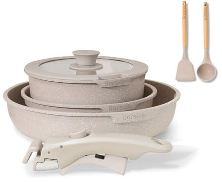 BOREINE Batterie de cuisine, Set induction casserole et poêle tout feux avec couvercle, Lot poêle avec poignée amovible, Revêtement antiadhésif, Compatible au four (Marron 7 Pce)