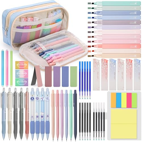 DazSpirit Stationery 61 Stück Schulzubehör mit Mäppchen, 12 Textmarker Pastell, 4 Radierbarer Stifte, 5 Gel Stifte, 6 Druckbleistifte, Back To School Stuff, Office Essentials, Schreibwaren Set (Blau)