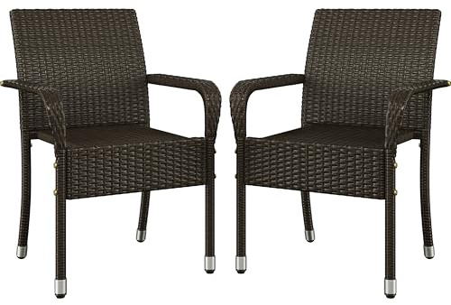 Abician Lot de 2 Chaises de Jardin en Rotin Synthétique Fauteuils Empilables d'Extérieur avec Accoudoirs Cadre en Métal Terrasse Véranda Balcon Salon Salle à Manger Marron