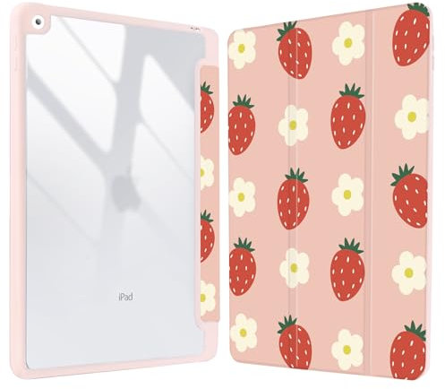 Vozehui 10.2 Pouces Coque Fraises Fleurs Compatible iPad 9ème/8ème/7ème Génération 2021/2020/2019 Coque avec Coque arrière Transparente avec Porte-Crayons,réveil Automatique du Sommeil Fraises Fleurs