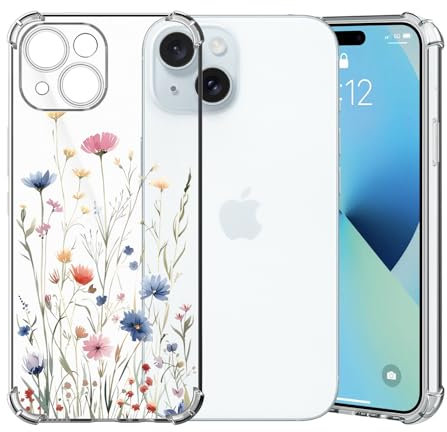 ChoosEU Transparent Hülle für iPhone 15 Weich TPU Silikon Case mit Blume Muster Motiv für Mädchen Frauen Dünne Handyhülle Stoßfeste Airbag Schutzhülle Durchsichtig Cover - Blau Rosa