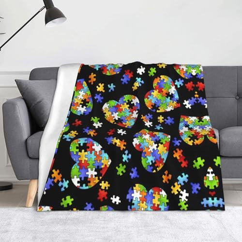 Große Decke für Autismus-Bewusstsein, Puzzleteile, Herzdruck, 127 x 152 cm, weiche, warme Decke für Couch, Sofa, Heimdekoration