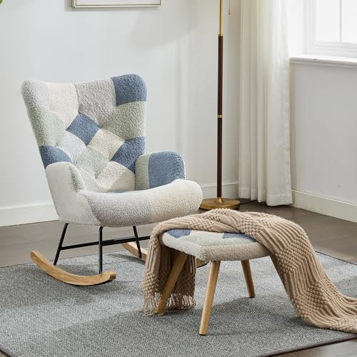 BTM Rocking Chair for Nursery, Fabric Rocking with Footstool, High Back and Solid Wood Legs, Relaxing Recliner Chair for Balcony Living Room Bedroom
