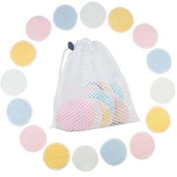PACKOVE 16Stücke Wiederverwendbare Wattepads Bambusfaser Make Up Entferner Pads Waschbar mit Wäschesack Blau Rosa Weiß Gelb für Sanfte Gesichtsreinigung und Make Up Entfernung