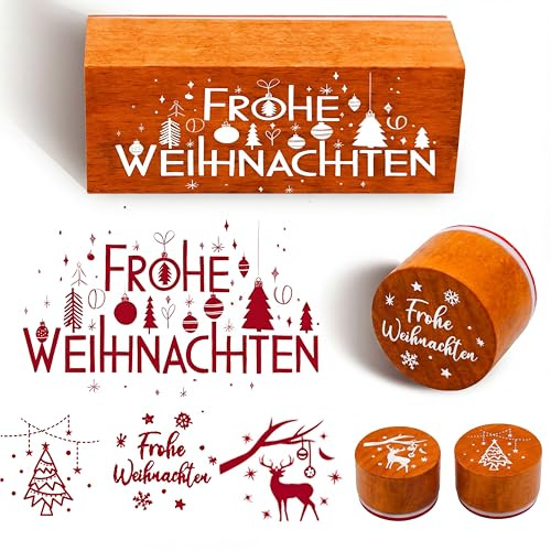 4 Stücke Weihnachten Stempel Holzstempel Frohe Weihnachten Motivstempel Textstempel Weihnachtsstempel für Karten Geschenkpapier Scrapbooking (Braun)
