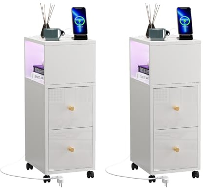 Ztexkee 2er Set Nachttisch schmal Nachtschrank mit Steckdose und LED Lichtleiste Schmaler Beistelltisch mit Rollen Nachttisch mit 2 Schubladen und 1 Ablagefächer für Schlafzimmer, Wohnzimmer Weiß