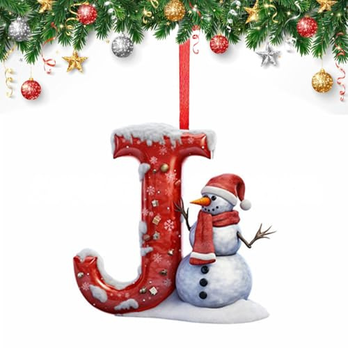 26 Letter Christmas Tree Decorate,Personalized Acrylic Letters Snowman Ornaments,Custom A to Z Hanging Christmas Pendant for Family Friends,for DIY Crafts Decorations, Home Party Festival Decor (J)