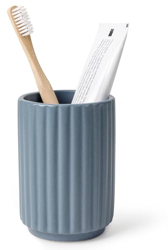 ANTIS'S HOME Ceramic Toothbrush Holder for Bathroom, 400ml Blue Stripe Design Toothbrush Cup, Modern Reusable Makeup Brush & Pen Organizer for Countertop Storage
