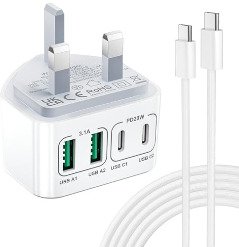 USB C Plug UK, 40W 4-Port Fast Charger Plug with 60W 2M USB C Cable, iPhone Charger Fast Charge for iPhone 17 16 15 Pro Max Plus, Samsung, Type C Charging Plug USBC Power Adapter