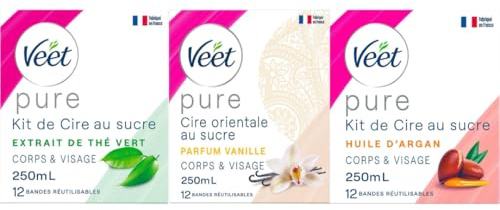 Veet - Lot de 3 pots de cire au sucre, Epilation Sans Bande, 3 parfums, Vanille, Huile d'Argan et Thé Vert, Ingrédients 100% Naturels, 250ml chacun
