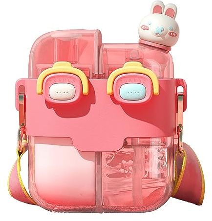 Ejoyous Kawaii Water Bottle, Square Mouth with Straw Safety Lock Leakproof Adjustable Strap Dual Compartment, with Wide Mouth for Ice Cubes, for Outdoor Sports Travel Gym Camping (Pink 530ml)