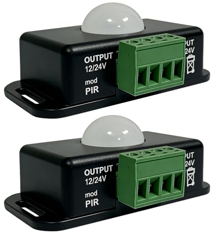 2 Pcs 12V/24V PIR Motion Sensor, PIR Sensor with Timer Infrared for LED Strips, Controller Dimmer Switch with Motion Detection, Automatic Controller for LED Light Strips, Adjustable Delay Time, Black
