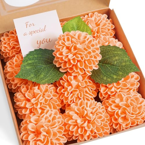 XIANNVXI 12 Stück Orange Kunstblumen Dahlien Künstliche Blumen Orange Schaum Hortensie Fake Blumen Deko Chrysanthemen Vasen für Blumenarrangements, Hochzeiten, Brautstrauß 6 Blätter 25cm Stängel