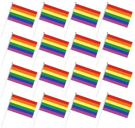 16 Bandiere LGBT Pride Arcobaleno da Saluto, Dimensione 21x14cm, Bandierine Colorate per Eventi Pride, Festivita Celebrazioni, Set Completo