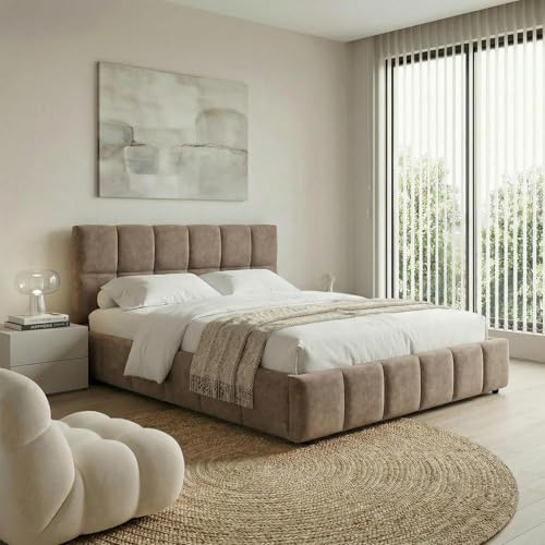 IDIMEX Polsterbett Emilia 180x200 cm, Braun - Bett mit Lattenrost, Bettgestell mit gepolstertem Kopfteil, Stoffbett mit moderner Steppung, Modernes Design und stabile Konstruktion