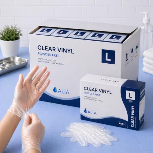 ALIA 1000 x Disposable Clear Vinyl Powder-Free Gloves | Large | | Powder-Free | Clear Vinyl | Size Large | Flexible Fit | Easy to Put On | Disposable | Cleaning & Care Tasks | 10 Packs of 100