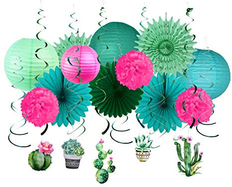 Paper Jazz Sommerparty-Dekoration, hängende Kaktuswirbel, Papierlaternen, Papierfächer, Set für hawaiianische Luau-Party, tropische Party, Babyparty, Geburtstag, Kinderzimmer, Partyzubehör..