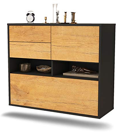 Dekati Sideboard Salt Lake City hängend (92x77x35cm) Korpus anthrazit matt - Front Holz-Design Eiche - Push to Open