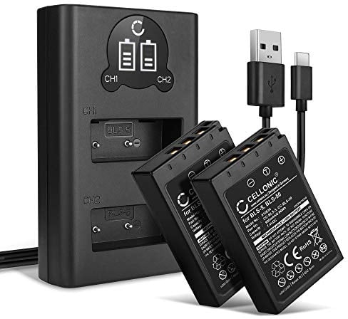 CELLONIC, Battery for Camera compatible with Olympus BLS-50, OM-D E-M10 Mark II, IV (7.4V, 1000mAh) 2 Pieces + Dual Charger