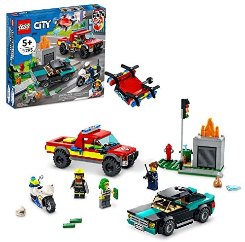 LEGO City Fire Rescue & Police Chase Building Set 60319 - Kid's Fire & Police Build, Featuring 3 Minifigures, Emergency Truck, Patrol Car, Motorcycle Toys, Gifts for Boys and Girls Age 5+ Years Old