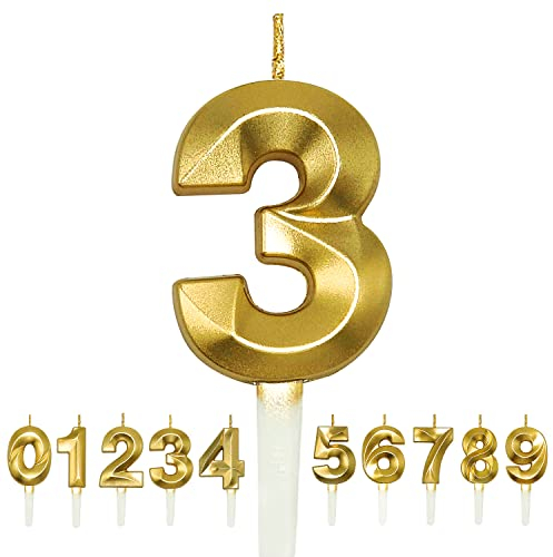 RoserRose Geburtstag Nummer Kerzen, 3D geburtstagskerzen Zahl 0 1 2 3 4 5 6 7 8 9 Glitzer Kuchen Topper Dekoration für Geburtstag Jahrestag Hochzeit Party (gold, 3)