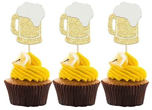Gyufise 24Pcs Cheers Beer Mug Cupcake Toppers Gold Glitter Beers Cake Topper Decorations Cheers Beer Festival Celebrating Birthday Party Supplies