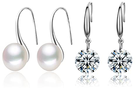 2 Paar Haken Ohrringe Hängend Helix piercings,Damen Perlen Ohrhänger Basic Hängende Tropfen Ohrringe,mit Zirkonia Kristalle für Damen und Mädchen