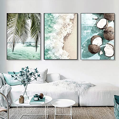 Trayosin 3er Premium Poster Set Strand und Meer, Stilvolle Blau Bilder Set, Kokosnussbäume Bilder Wohnzimmer Deko Schlafzimmer, Poster Vintage, ohne Rahmen (50x70cm)