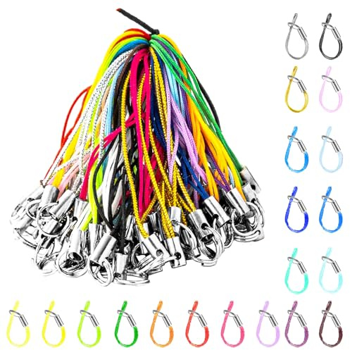 Keadic 200Pcs Mixed Color Cell Phone Ring Strap Bulk Set, Split Ring Charm Cords W Sliver Tone, Colorful Lariat Lanyard for Phone USB Flash Drive Keyring DIY