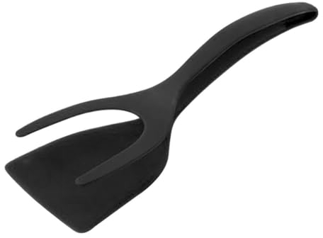 DEARMAMY Pinza para espátula con mango y vibración 2 en 1 Espátula de doble cara Espátula para huevos fritos pala de cocina antiadherente para pan pescado tortilla tortilla tortilla negra 30.