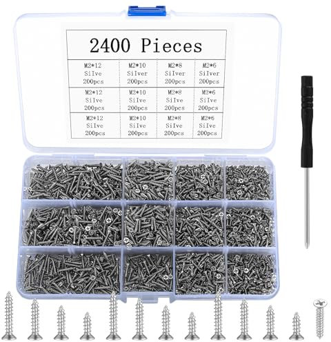 Tornillos autorroscantes pequeños, 2400 tornillos pequeños para madera, tornillos Phillips, tornillos autorroscantes planos avellanados para electrónica, carpintería, bricolaje, plata