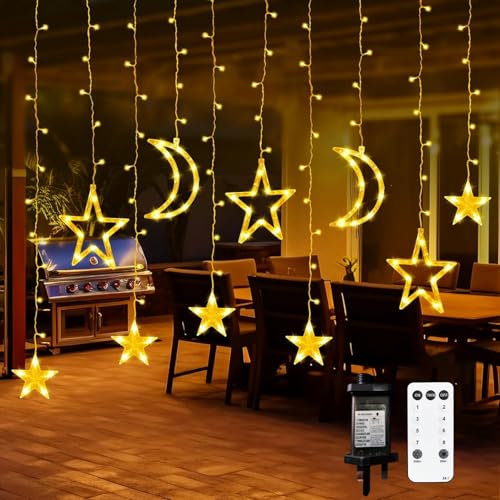 Star Moon LED Curtain 3.5m, 138LED Plug In Window Decor - Colorful Fairy Lights with 8 Modes, Remote Control - Perfect for Xmas Tree, Parties, Gardens