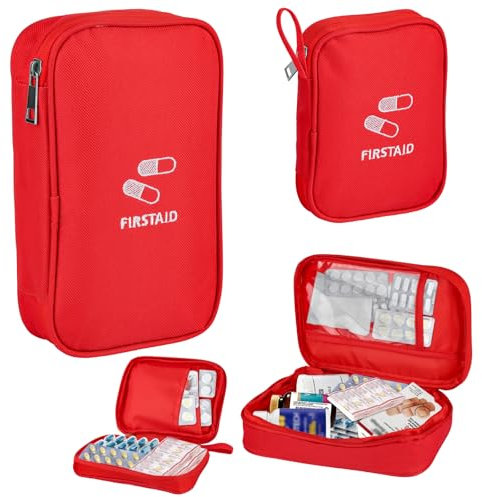 2 Stück Große & Klein Medikamententasche Reise, 14 x 11cm/21 x 13cm Reiseapotheke Tasche Wasserdicht, Tragbar Medizin Aufbewahrungstasche Rot, Medikament Tasche für Zu Hause, Auf Reisen