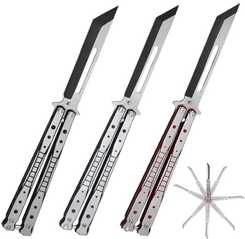 GOMETY Lot de 3 couteaux papillon d'entraînement pour s'entraîner à la lame non aiguisée - Peigne papillon en acier inoxydable pour les débutants - Pour apprendre à flipping (bleu, rouge, noir)