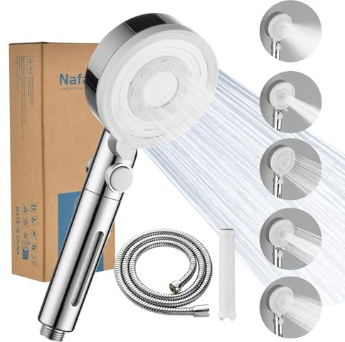 Nafall Duschkopf mit Filter - Hochdruck Handbrause mit Schlauch, Brausekopf mit 5 Strahlarten,Stoppfunktion, Wassersparend Duschbrause Shower Head für Schwermetall,Rest-Chlor,Bakterien, Chrom Weiß